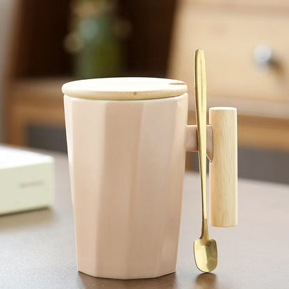 Teacher's Day Gift Simple Wood Handle Mug Set with Lid & Spoon for Office Couple - Creative Retro Style Coffee & Water Cup Gift