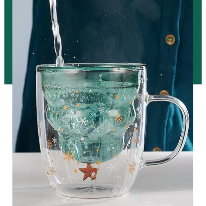 Double-Layer Insulated Glass Water Cup Cute Christmas Tree High Borosilicate Handle Tea Cup Gift Milk Cup with Lid