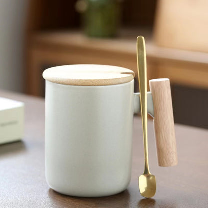 Teacher's Day Gift Simple Wood Handle Mug Set with Lid & Spoon for Office Couple - Creative Retro Style Coffee & Water Cup Gift