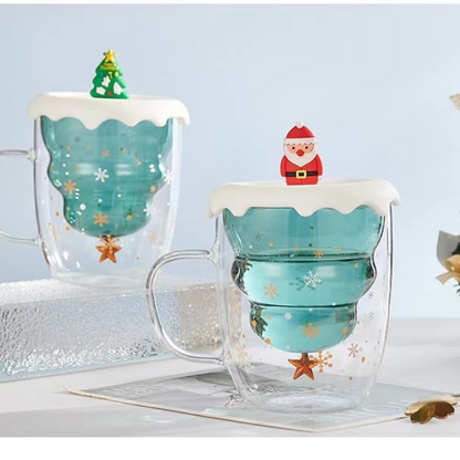 Double-Layer Insulated Glass Water Cup Cute Christmas Tree High Borosilicate Handle Tea Cup Gift Milk Cup with Lid