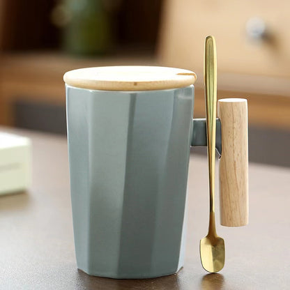 Teacher's Day Gift Simple Wood Handle Mug Set with Lid & Spoon for Office Couple - Creative Retro Style Coffee & Water Cup Gift