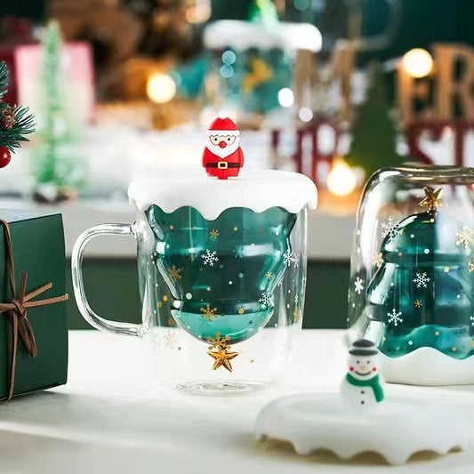 Double-Layer Insulated Glass Water Cup Cute Christmas Tree High Borosilicate Handle Tea Cup Gift Milk Cup with Lid