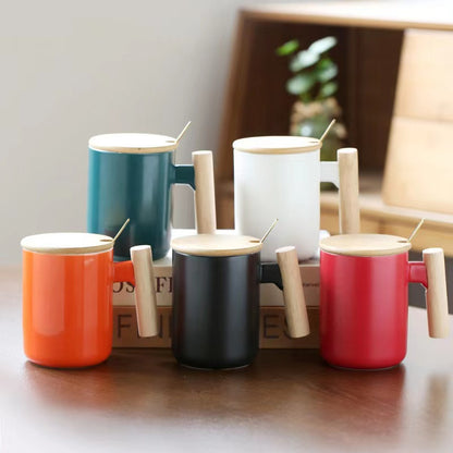 Teacher's Day Gift Simple Wood Handle Mug Set with Lid & Spoon for Office Couple - Creative Retro Style Coffee & Water Cup Gift