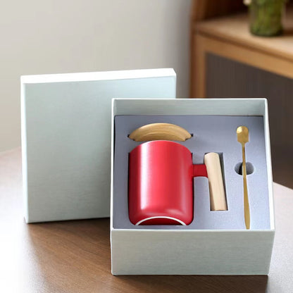 Teacher's Day Gift Simple Wood Handle Mug Set with Lid & Spoon for Office Couple - Creative Retro Style Coffee & Water Cup Gift