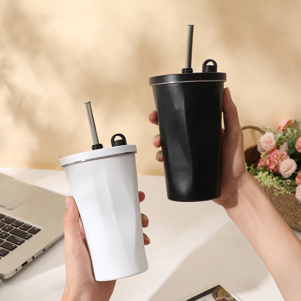 304 Stainless Steel Coffee Mug 600ml Diamond-Shaped Large Capacity Insulated Tumbler with Straw for On-the-Go Hydration