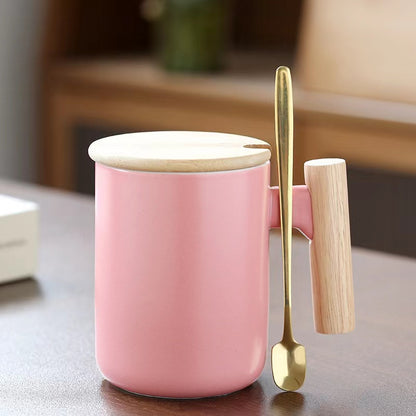 Teacher's Day Gift Simple Wood Handle Mug Set with Lid & Spoon for Office Couple - Creative Retro Style Coffee & Water Cup Gift