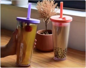 700ml Transparent Double Layer Large Capacity Bubble Tea Cup With Large Hole Straw