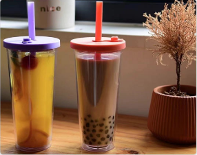 700ml Transparent Double Layer Large Capacity Bubble Tea Cup With Large Hole Straw