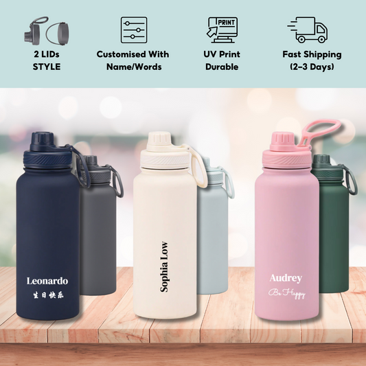 Teacher's Day Gift Customised Stainless Steel Thermal Vacuum Flask - Large Capacity Portable Outdoor Sports Bottle with Two Lids, Wide Mouth Insulation Cup Set