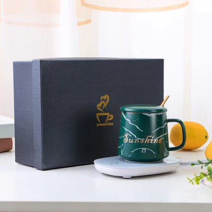 Teacher's Day Gift Ceramic Beverage Mug With Lid & USB Heating Pad Stone Patterned Theme