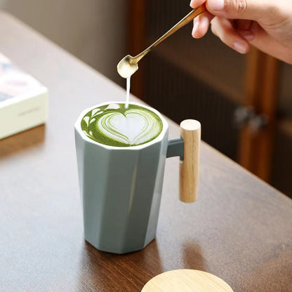 Teacher's Day Gift Simple Wood Handle Mug Set with Lid & Spoon for Office Couple - Creative Retro Style Coffee & Water Cup Gift