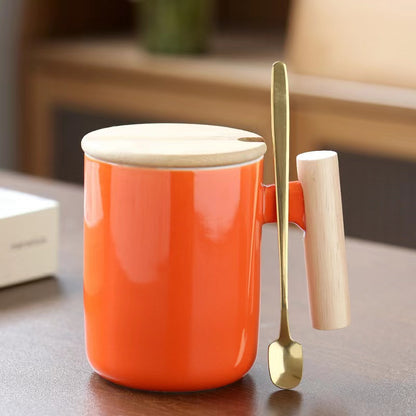 Teacher's Day Gift Simple Wood Handle Mug Set with Lid & Spoon for Office Couple - Creative Retro Style Coffee & Water Cup Gift