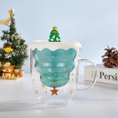 Double-Layer Insulated Glass Water Cup Cute Christmas Tree High Borosilicate Handle Tea Cup Gift Milk Cup with Lid