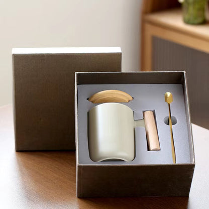 Teacher's Day Gift Simple Wood Handle Mug Set with Lid & Spoon for Office Couple - Creative Retro Style Coffee & Water Cup Gift