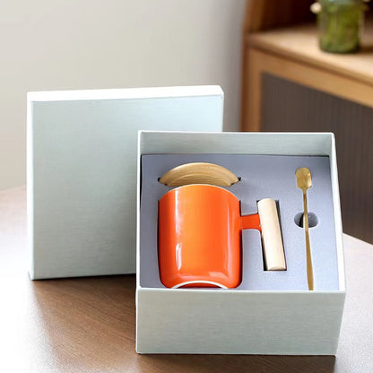 Teacher's Day Gift Simple Wood Handle Mug Set with Lid & Spoon for Office Couple - Creative Retro Style Coffee & Water Cup Gift