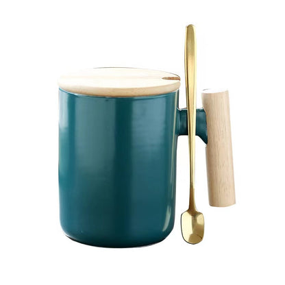 Teacher's Day Gift Simple Wood Handle Mug Set with Lid & Spoon for Office Couple - Creative Retro Style Coffee & Water Cup Gift