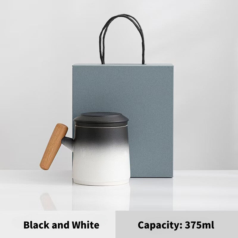 SG Ready Stock Wooden Handle Ceramic Mug Gift Set Water Separation Cup Simple Mug for Couples Men's Tea Cup