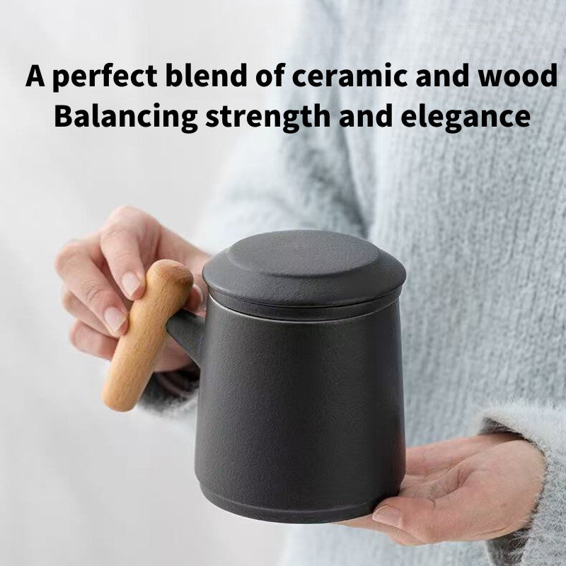 SG Ready Stock Wooden Handle Ceramic Mug Gift Set Water Separation Cup Simple Mug for Couples Men's Tea Cup