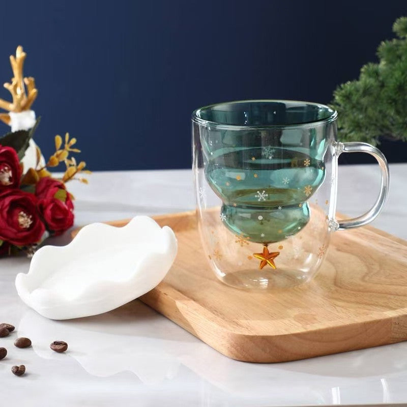 SG Ready Stock Double-layer Anti-Scald Christmas Cup with Lid High Borosilicate Glass Coffee Cup