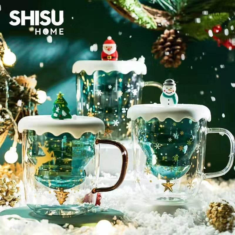 SG Ready Stock Double-layer Anti-Scald Christmas Cup with Lid High Borosilicate Glass Coffee Cup