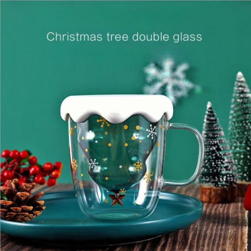 SG Ready Stock Double-layer Anti-Scald Christmas Cup with Lid High Borosilicate Glass Coffee Cup