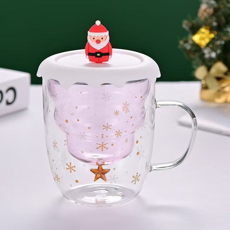 SG Ready Stock Double-layer Anti-Scald Christmas Cup with Lid High Borosilicate Glass Coffee Cup