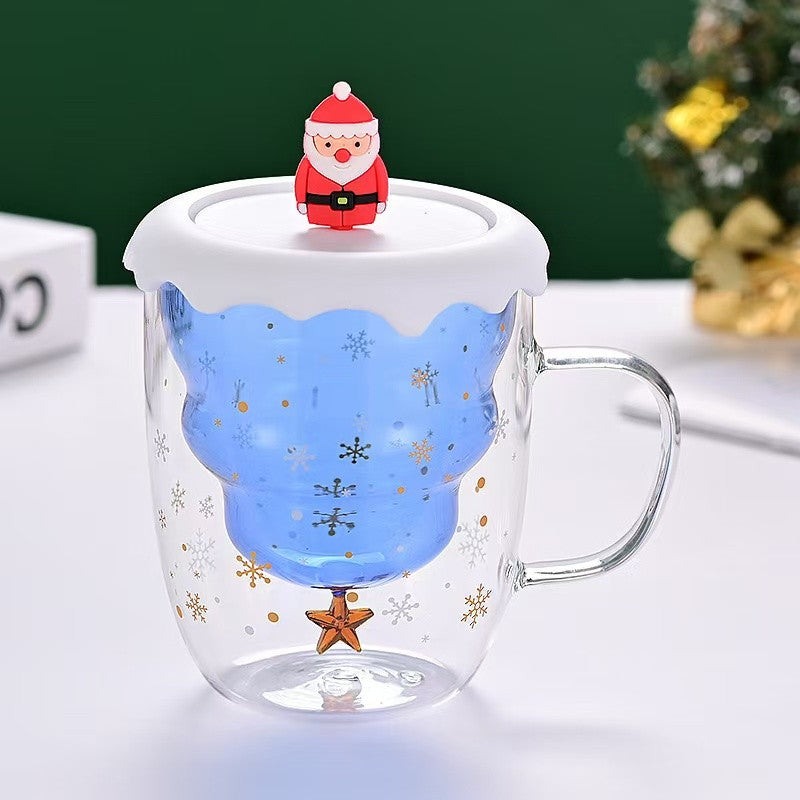 SG Ready Stock Double-layer Anti-Scald Christmas Cup with Lid High Borosilicate Glass Coffee Cup