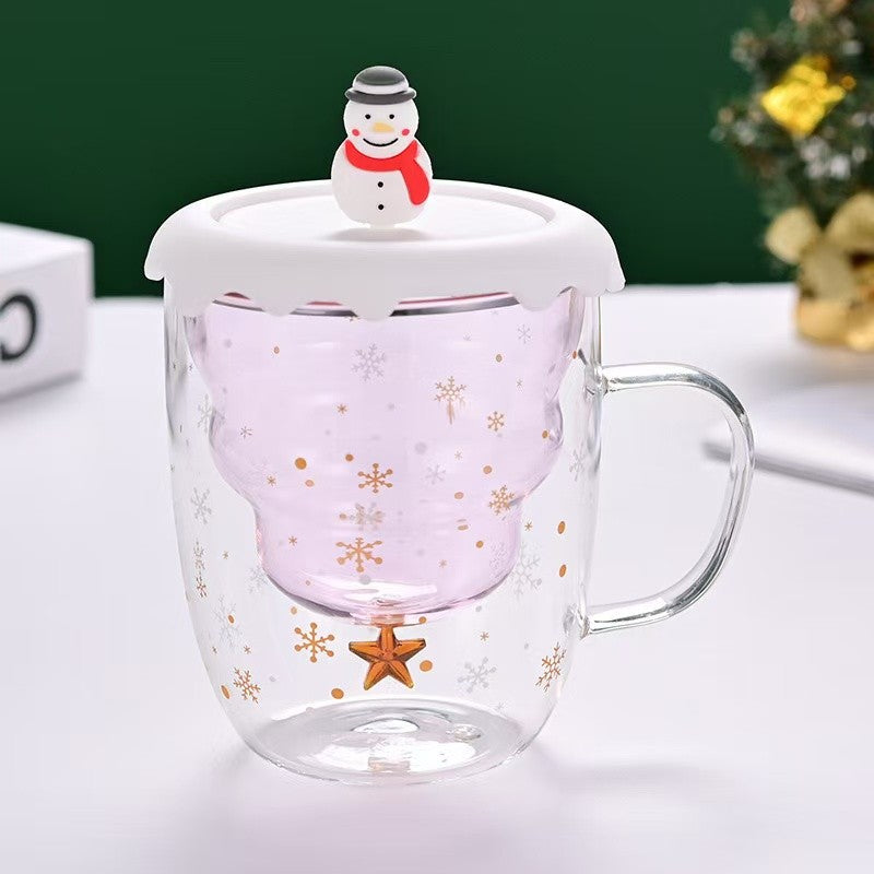 SG Ready Stock Double-layer Anti-Scald Christmas Cup with Lid High Borosilicate Glass Coffee Cup