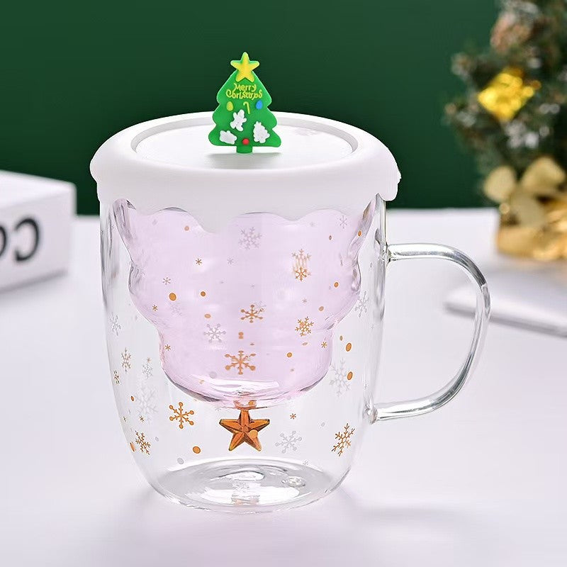 SG Ready Stock Double-layer Anti-Scald Christmas Cup with Lid High Borosilicate Glass Coffee Cup