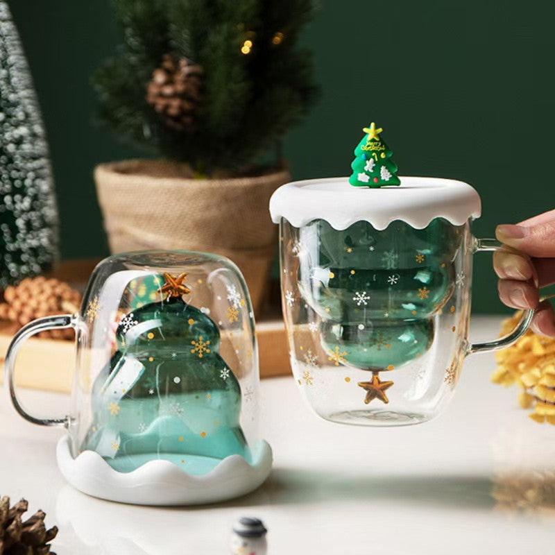 SG Ready Stock Double-layer Anti-Scald Christmas Cup with Lid High Borosilicate Glass Coffee Cup