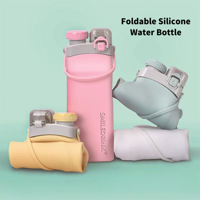 SG Ready Stock BPA Free Folding Double Cap Silicone Water Bottle Straw Direct Drinking Cup Heat Impact Resistant Bottle