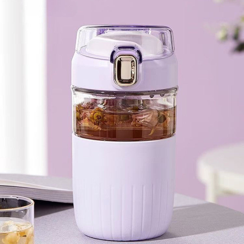 SG Ready Stock Glass Tea Cup with Strainer Portable Office Coffee Cup Double Lids Heat-Resistant Cup