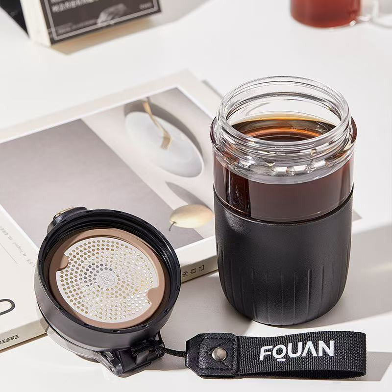 SG Ready Stock Glass Tea Cup with Strainer Portable Office Coffee Cup Double Lids Heat-Resistant Cup